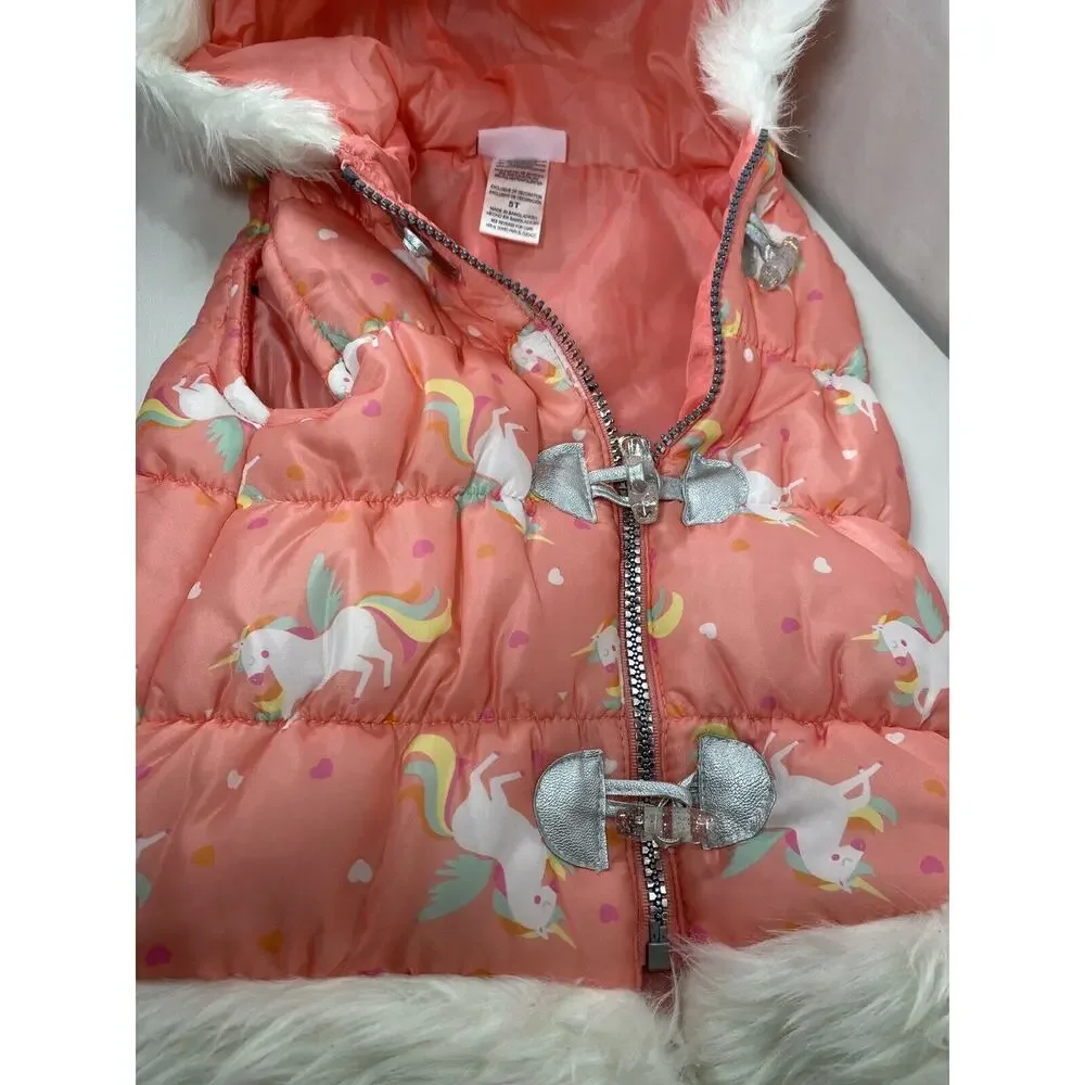 Little Lass Girls 5T Unicorn Puffer Vest Pink Faux Fur Hood Silver Toggles